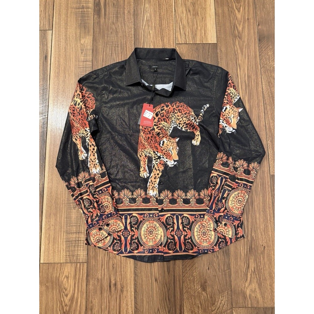 Pavini Men's Shirt M Black Gold Baroque Tiger Print Long Sleeve Button-Up NWT